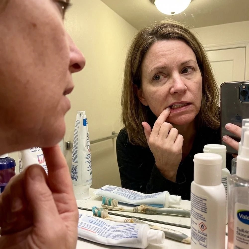 Mujer mirándose la boca en el espejo del baño
