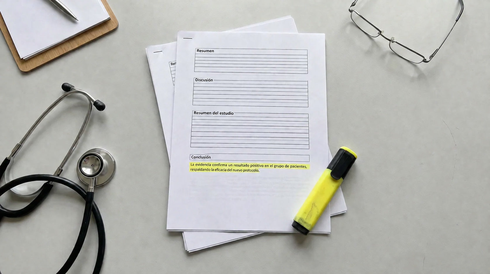 Escritorio del odontólogo con fichas, anteojos y estetoscopio
