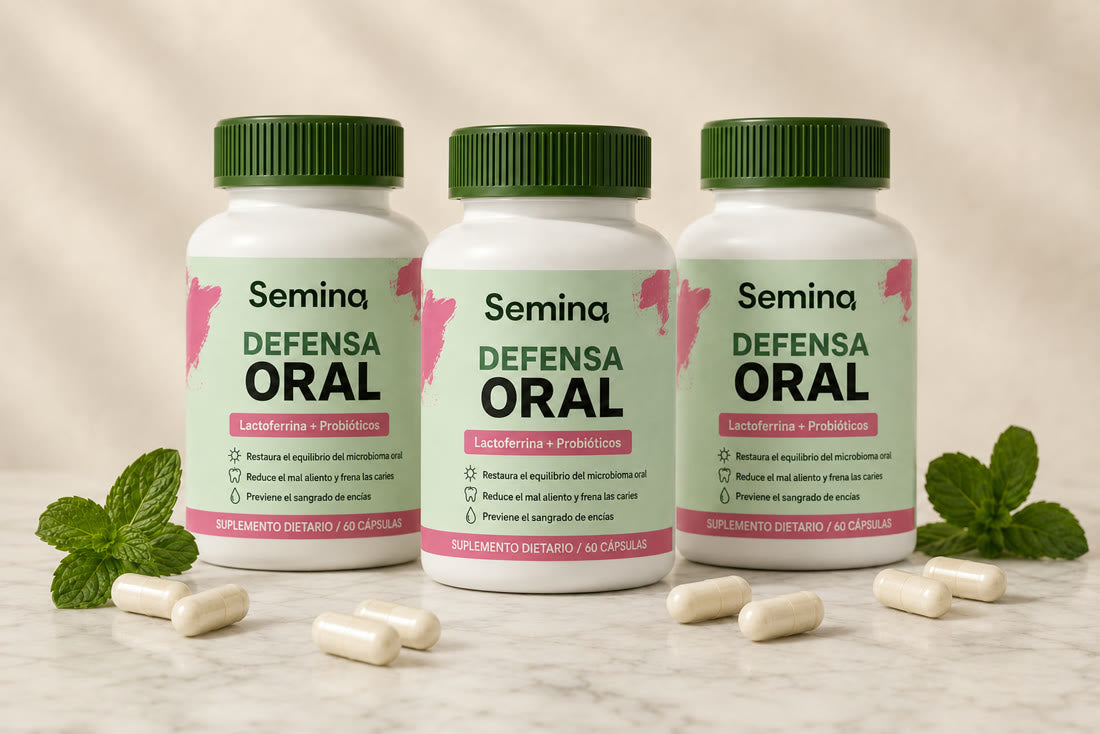 Tres frascos de Semina Defensa Oral con hojas de menta
