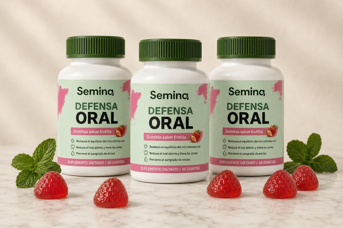 Tres frascos de Semina Defensa Oral con hojas de menta