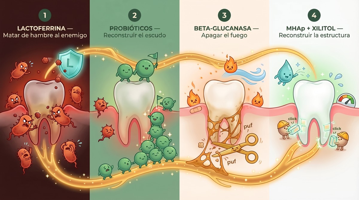Mecanismo en 4 pasos: lactoferrina, probióticos, beta-glucanasa, MHAp + xilitol
