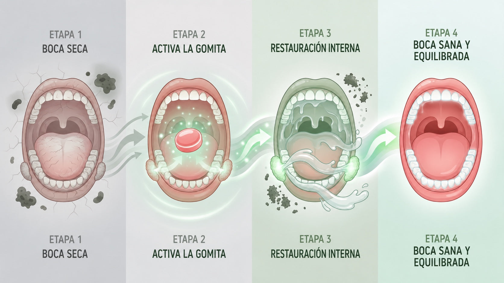 Mecanismo en 4 pasos: xilitol, lactoferrina, probióticos, hidroxiapatita