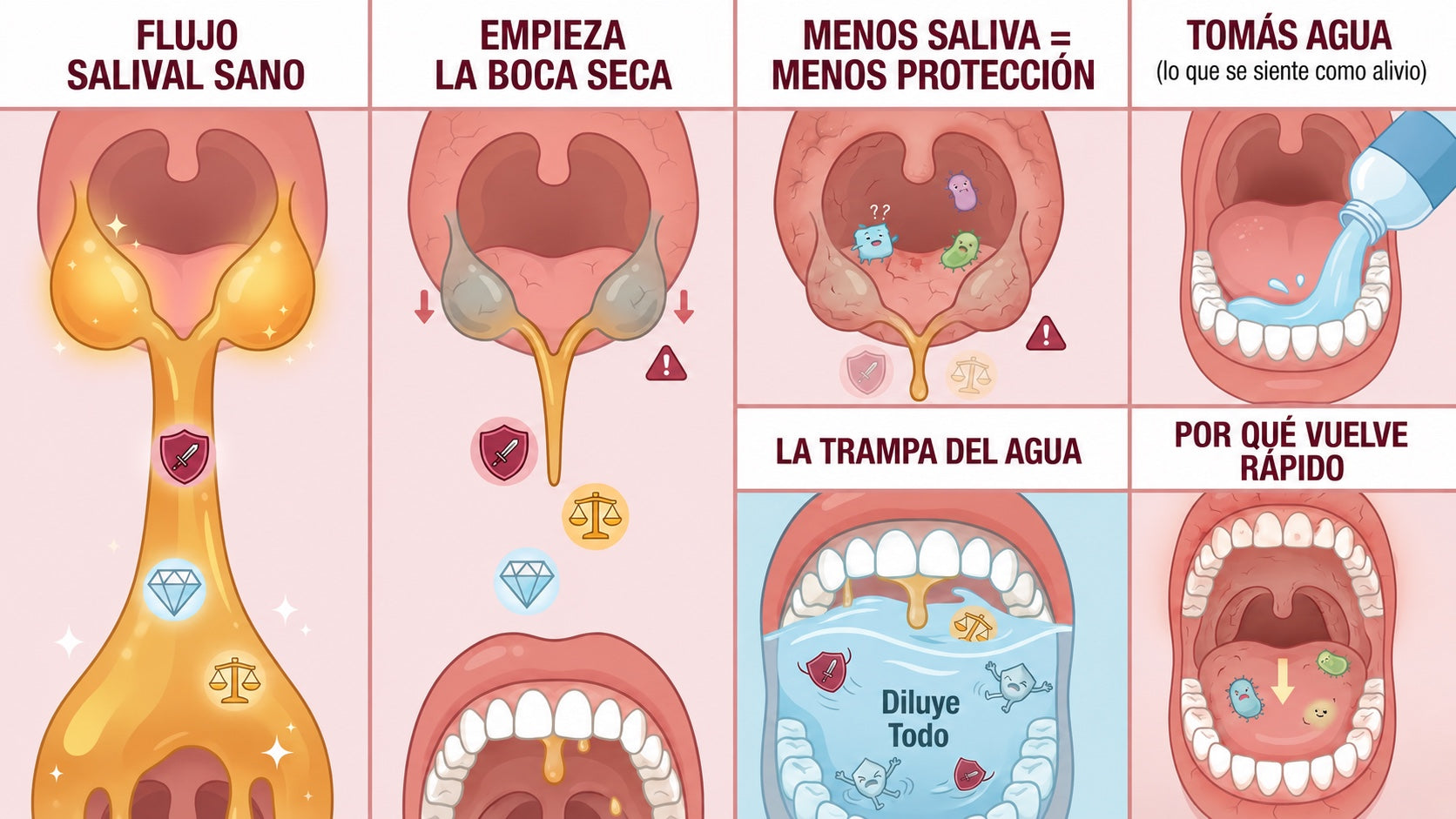 Ilustración de la glándula salival y la saliva concentrada diluyéndose con el agua