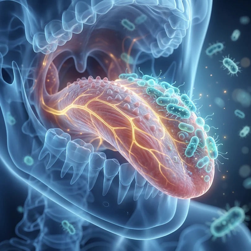 Biopelícula de bacterias en el fondo de la lengua