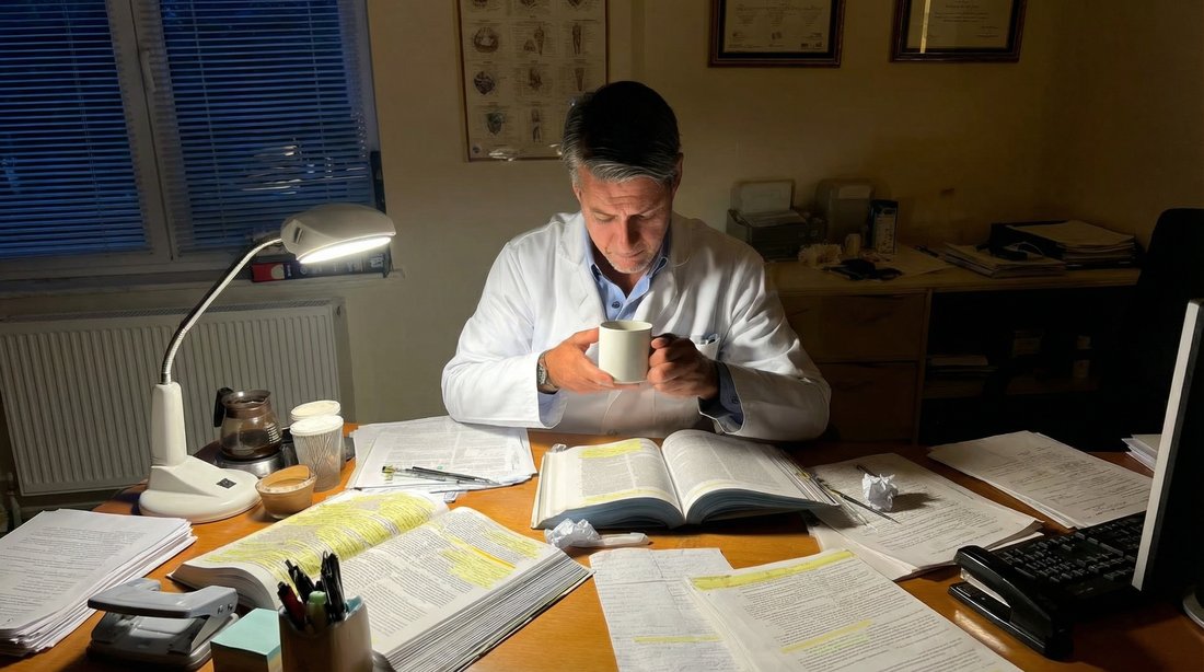 Odontólogo investigando de noche en su escritorio