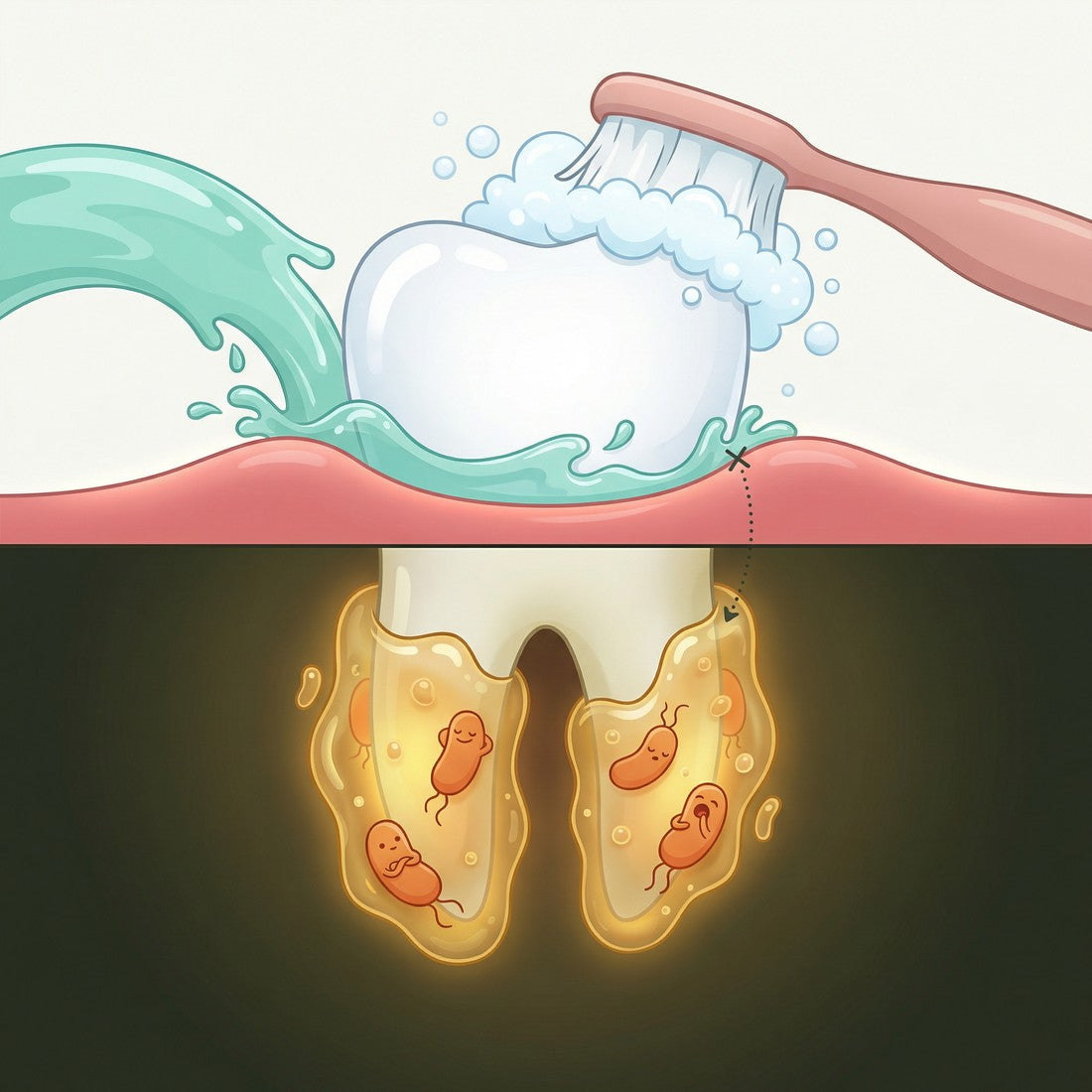 Ilustración del diente, las encías y las bacterias en la raíz expuesta